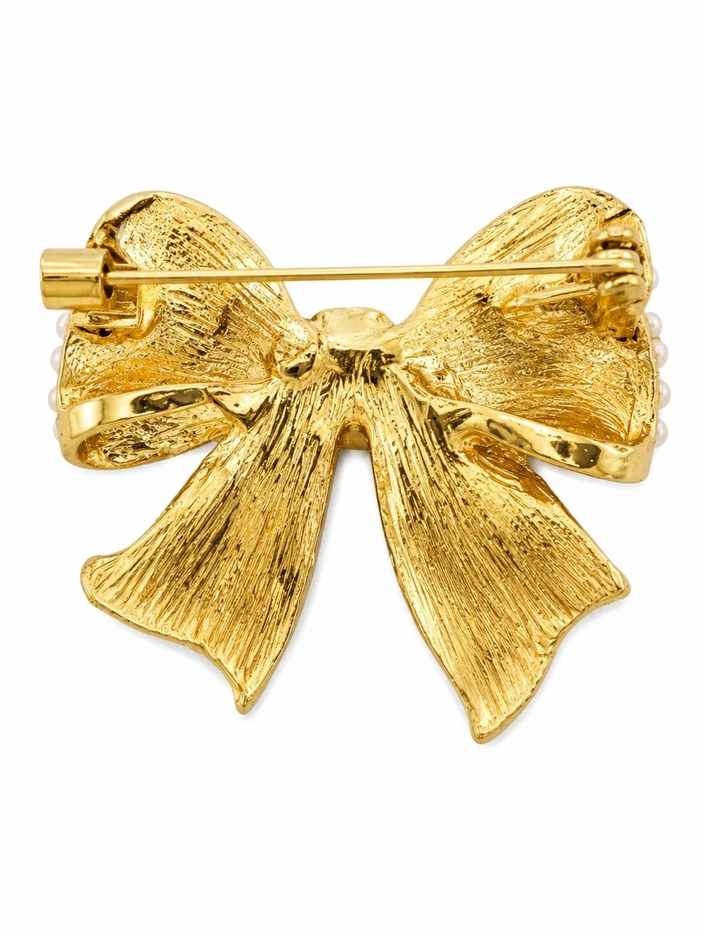 Faux Pearl Bow Brooch‎ Gold Tone Rhinestone Accent Coquette